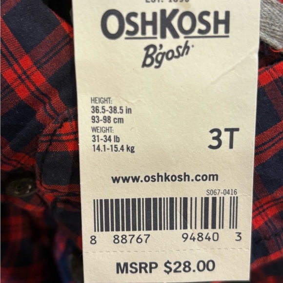 OshKosh‎ B’gosh Boys Toddler 3T Red Checkered Button Down Shirt Preppy Cute - Picture 5 of 5